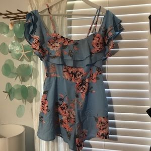 Blue & Pink Off the Shoulder Flowy Romper